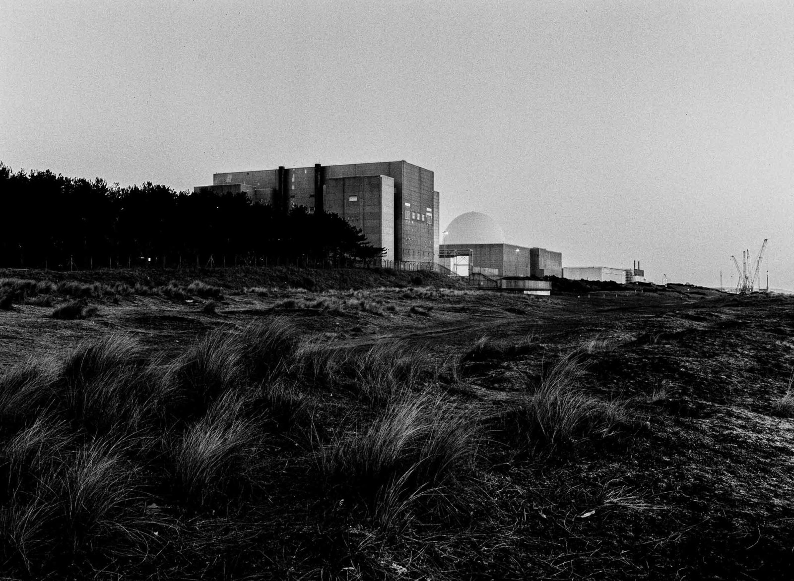 Sizewell A and B nuclear power stations seen from the dunes, with marram grass in the foreground and construction cranes visible to the right