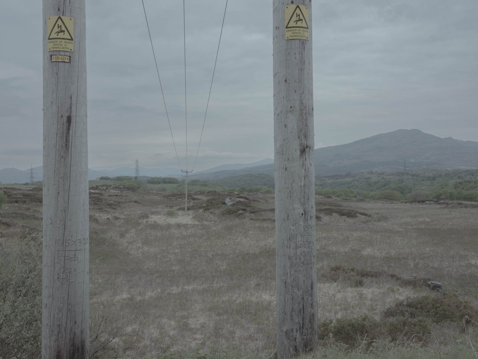 Bilingual English and Welsh danger of death signs on electricity poles with pylons receding across moorland, Eryri